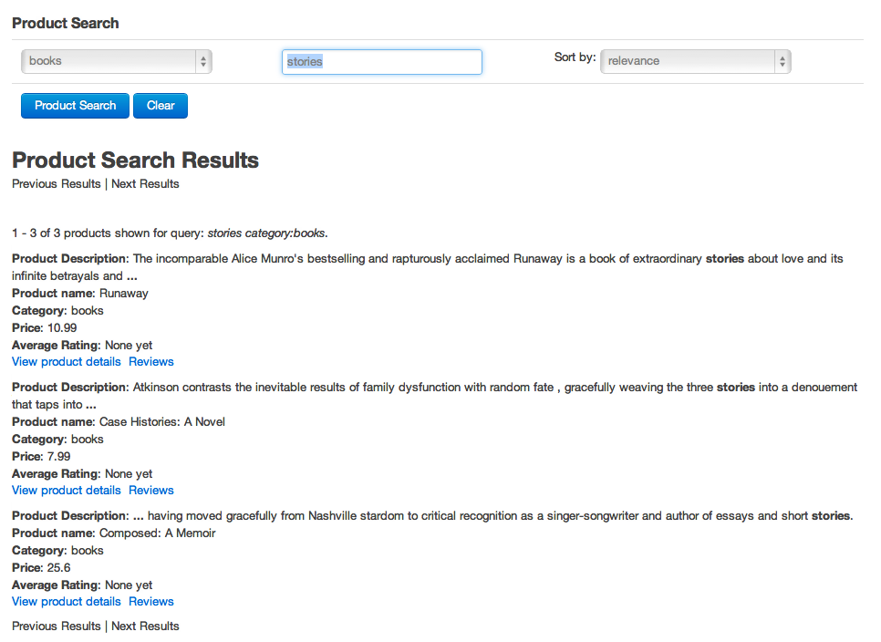 Snippeted fields with matched terms highlighted