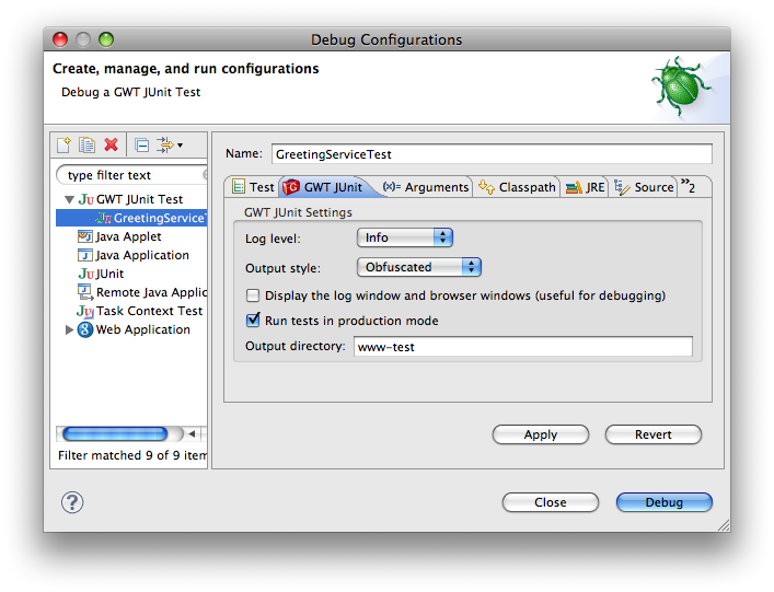 JUnit launch settings