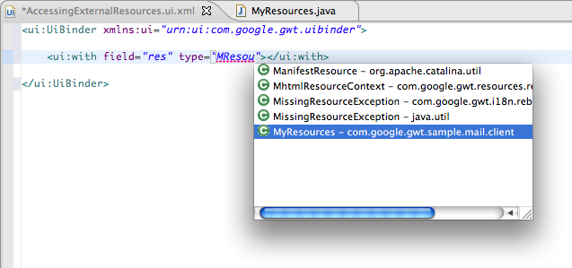 Auto-completion for the type attribute on a with element