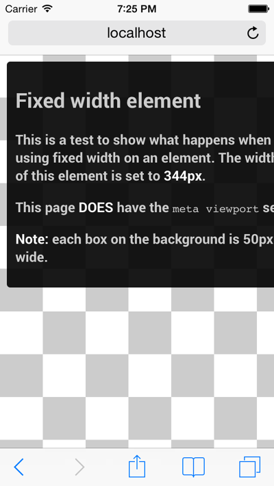 Page with a 344px fixed width element on an iPhone.