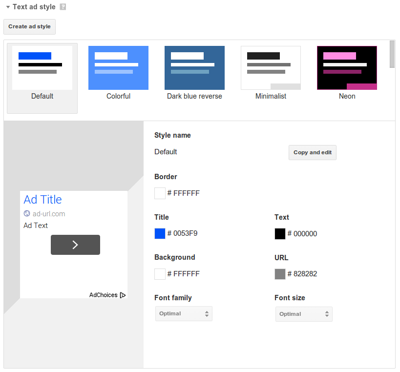 Text ad styles