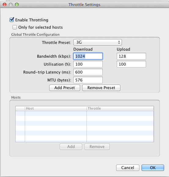 Settings for simulating network conditions