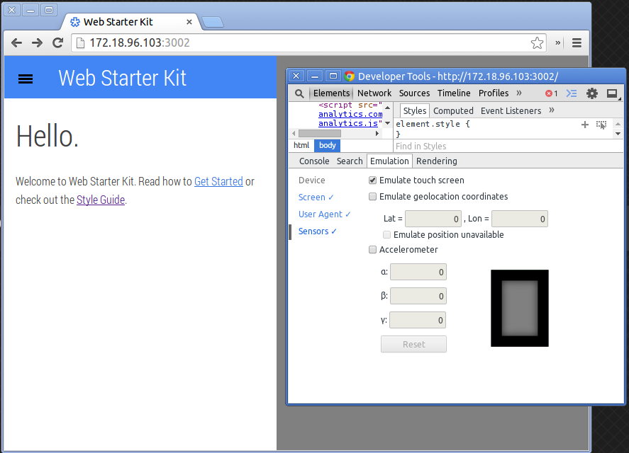 Mobile emulator Sensors pane